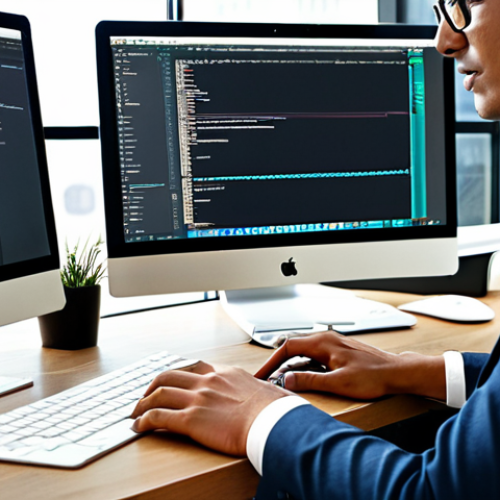 A focused professional, fully clothed in appropriate attire, sits at a sleek modern desk, deeply engaged with a MacBook Pro. Their hands are gracefully positioned on the keyboard, typing with precision, embodying a seamless workflow. Multiple monitors display various applications like a text editor, image editing software, and a web browser, all open. The office environment is clean, well-lit with natural light streaming through a large window, suggesting an organized and productive space. The overall atmosphere conveys efficiency and a "digital stress-free" state. perfect anatomy, correct proportions, natural pose, well-formed hands, proper finger count, natural body proportions, professional photography, high quality, safe for work, appropriate content, fully clothed, professional.