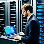 리눅스에서 데이터 암호화 설정 - A Linux server administrator in a modern, brightly lit server room, wearing professional attire, ful...