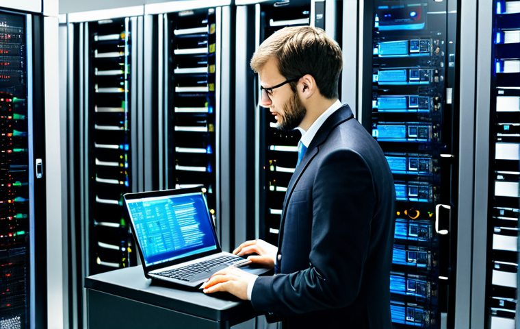 리눅스에서 데이터 암호화 설정 - A Linux server administrator in a modern, brightly lit server room, wearing professional attire, ful...