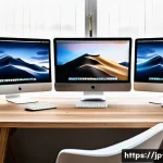 macOS의 다중 디스플레이 설정 방법 - A modern Japanese home office setup with a sleek MacBook connected to multiple external displays arr...