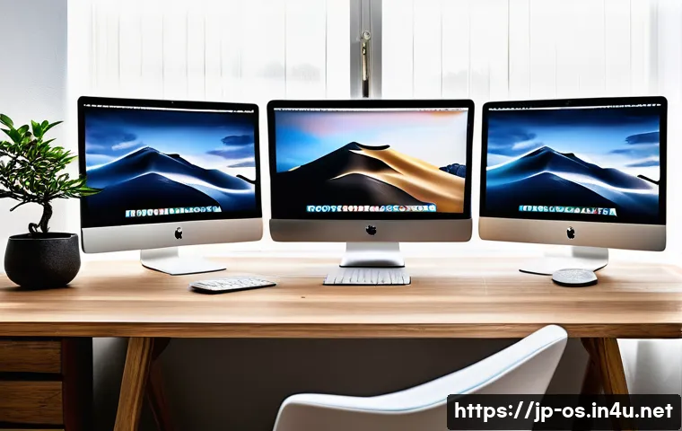 macOS의 다중 디스플레이 설정 방법 - A modern Japanese home office setup with a sleek MacBook connected to multiple external displays arr...