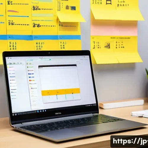 운영체제의 메모리 사용량 최적화 - A modern Japanese office workspace with a sleek laptop displaying a detailed memory usage dashboard ...