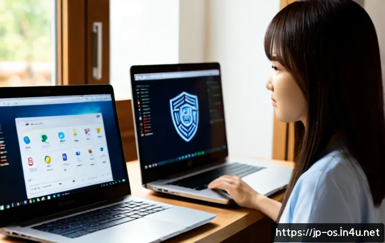 운영체제별 보안 기능 비교 - Photorealistic modern home office, a Japanese professional comparing security settings on two differ...